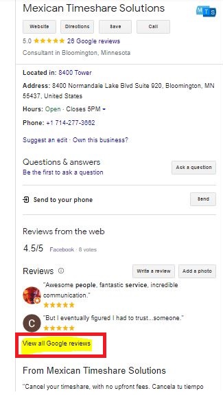 Mexican Timeshare Solutions google reviews